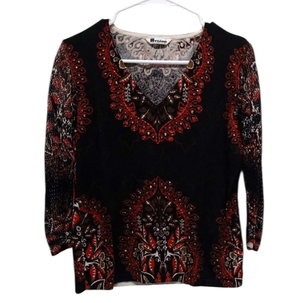 Nygard Collection Black Brown and Orange Bling Floral Net Sleeve Women's Top